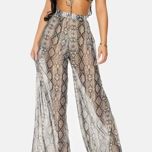 Snake Print Coverup Mesh Sheer Pool Swimwear High Waist Bottom Pants